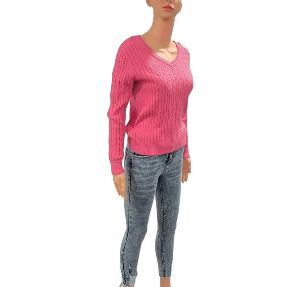Women's Cable Knit V-Neck Sweater - Vibrant Pink, Size xs - Picture 7 of 13